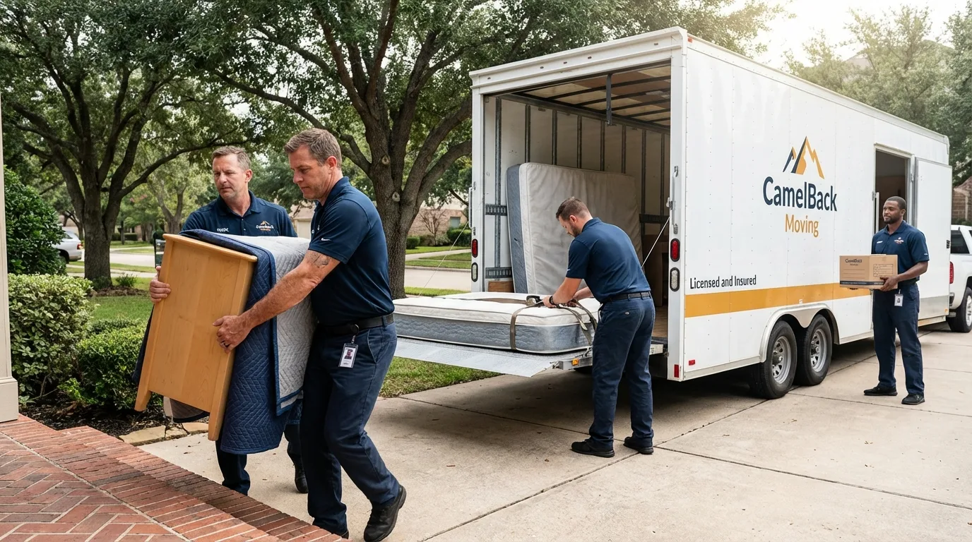 Crew loading residential truck for cross-state move from Crowley, TX