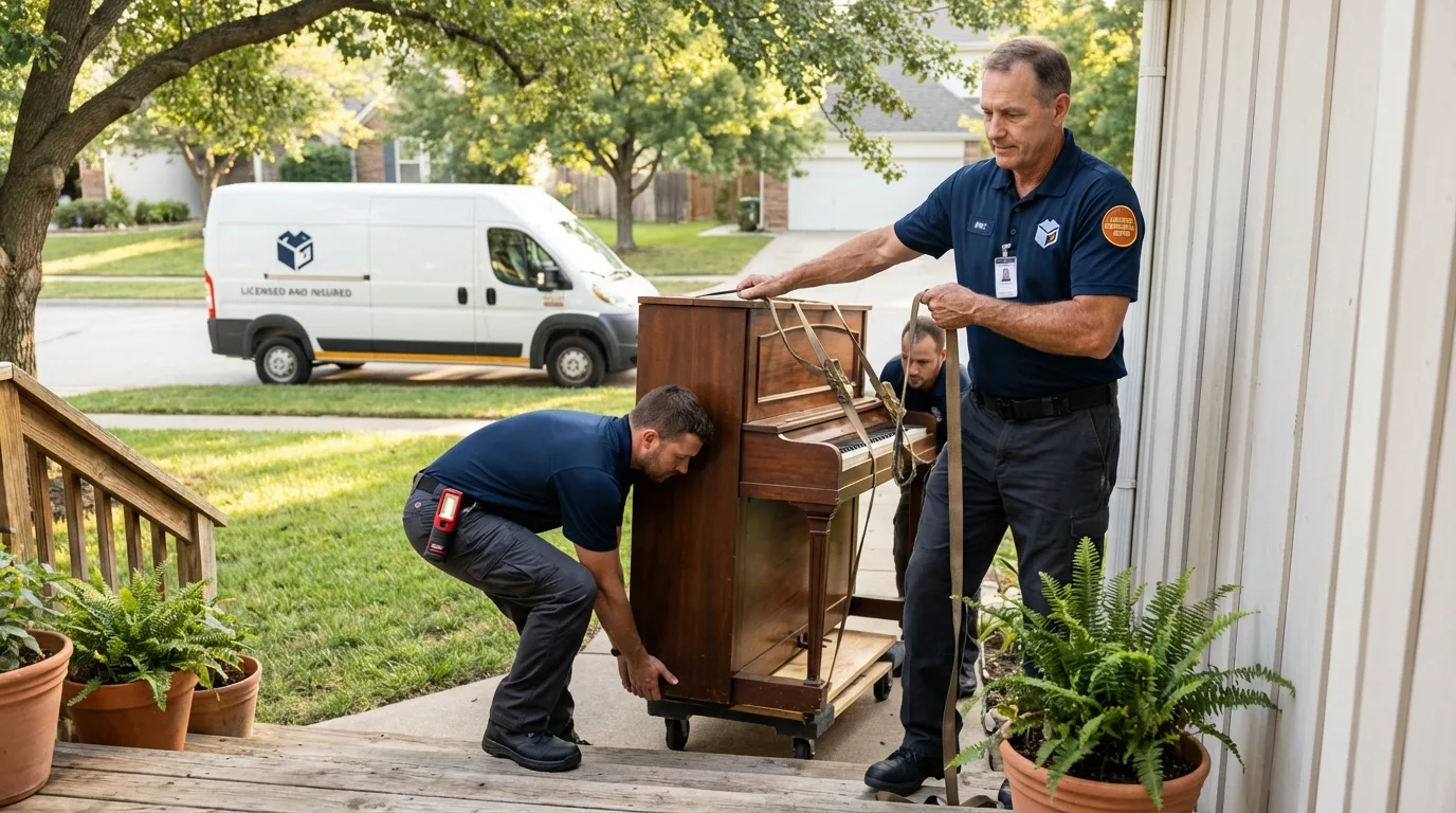 Licensed piano movers securing grand piano in Crowley, TX